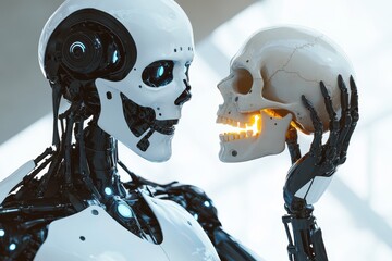 Poster - Robot examines human skull in futuristic setting with a focus on AI technology and human connection, Camera orbiting around Robot holding human skull, AI dominance, digital life vs humankind, 3d