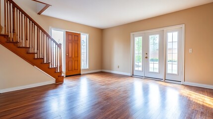 Poster - Bright and spacious interior of an empty room with wooden staircase : Generative AI