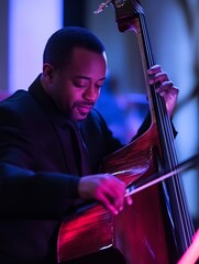 Aufkleber - Talented Musician Playing Double Bass in an Elegant Performance Atmosphere with Colorful Stage Lighting : Generative AI