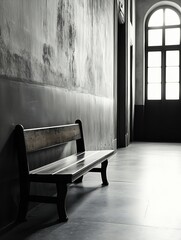 Aufkleber - Empty Wooden Bench in a Long Hallway with Natural Light Streaming Through Windows Creating a Minimalist Atmosphere : Generative AI