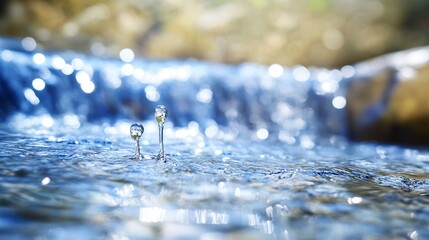 Poster - Close up of water droplets splashing in a sparkling stream creating beautiful patterns and reflections : Generative AI