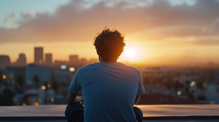 Poster - A lone man sitting on a rooftop watching the sunset over the city skyline : Generative AI