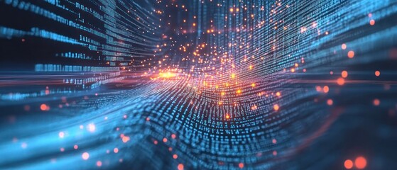 Poster - Abstract visualization of digital data flow with glowing particles, representing technology and innovation in a futuristic setting