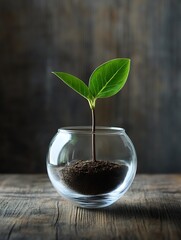 Poster - Beautiful Green Plant Growing in Glass Jar on Rustic Wooden Background : Generative AI