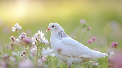 Aufkleber - Elegant White Dove Surrounded by Beautiful Pink Flowers in a Gentle Nature Scene : Generative AI