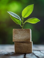 Wall Mural - Fresh Green Plant Sprouting from Natural Wood Blocks in a Bright Peaceful Environment : Generative AI