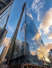 Wall Mural - Modern skyscraper reflecting clouds and city buildings in urban architecture : Generative AI