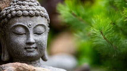 Aufkleber - Close Up of Stone Buddha Statue Among Green Foliage in Peaceful Garden Area : Generative AI