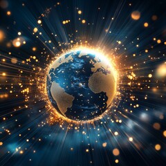 Poster - Global Illumination: Earth Globe with Glowing Cities and Interconnected Network Data Streams Visualizing Connectivity