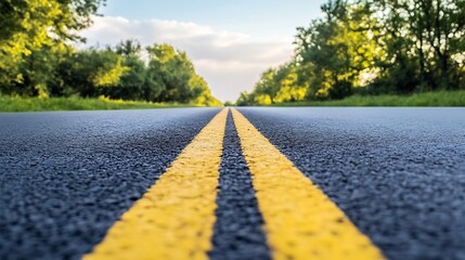 Poster - Perspective View of Empty Rural Road Framed by Trees on Sunny Day : Generative AI