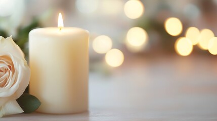 Poster - Serene candle illuminated with soft light beside a beautiful rose in a cozy setting : Generative AI