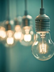 Poster - Close up view of vintage light bulbs hanging in a serene atmosphere : Generative AI