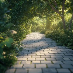 Poster - Tranquil Stone Path Beckons Through Lush Green Archway, Bathed in Warm Sunlight on a Serene Nature Walk.