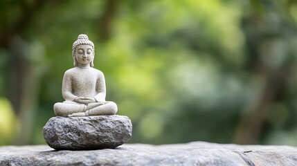 Aufkleber - Serene Buddha Statue on a Stone Surrounded by Lush Green Nature for Tranquil Aesthetic : Generative AI