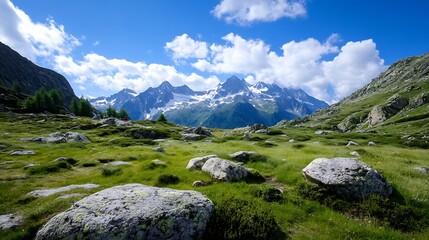 Wall Mural - Stunning Alpine View with Majestic Peaks Surrounded by Verdant Greenery and Boulders : Generative AI