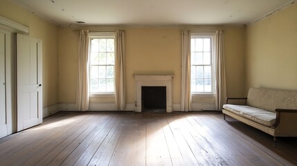 Aufkleber - Empty interior room with sunlight streaming through the windows : Generative AI