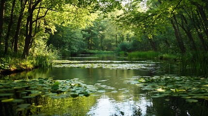 Poster - Picturesque Tranquil Scene of a Green Serene River Bordered by Trees and Lilypads in Nature : Generative AI