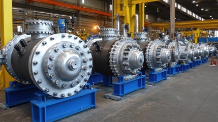 Poster - Industrial machinery lineup in a bright factory setting