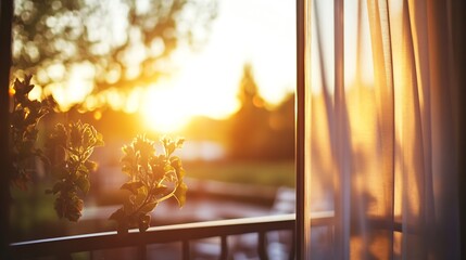 Leinwandbilder - Golden Hour Sunlight Filtering through Sheer Curtains and Greenery : Generative AI