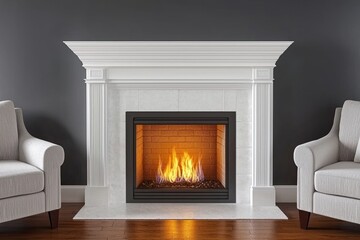 A modern fireplace with a cozy flame, flanked by two stylish armchairs, set against a dark wall, creating a warm and inviting atmosphere.