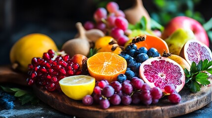 Poster - Colorful Assorted Fresh Fruits and Berries Arranged on Wooden Board : Generative AI