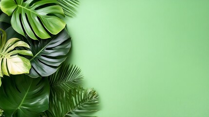 Poster - Vibrant Green Tropical Leaves on a Bright Green Background : Generative AI