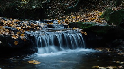 Poster - Serene Stream Flowing Through Autumn Leaves in a Forest : Generative AI