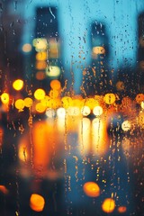 Aufkleber - Raindrops on glass window in a cityscape creating a dreamy and atmospheric mood during rainy night : Generative AI
