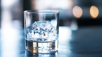 Aufkleber - Refreshing glass of whiskey with ice cubes on a sleek bar countertop : Generative AI