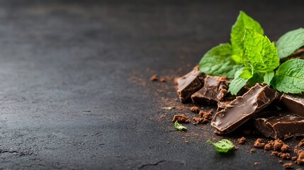 Poster - Delicious Dark Chocolate Pieces with Fresh Green Mint Leaves on a Black Background : Generative AI