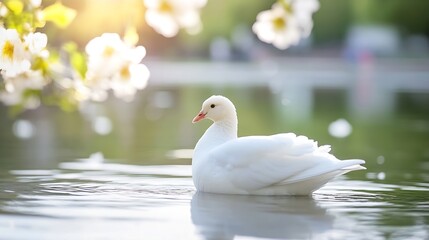 Poster - Graceful white duck swimming peacefully in serene waters surrounded by blooming flowers and beautiful natural light : Generative AI