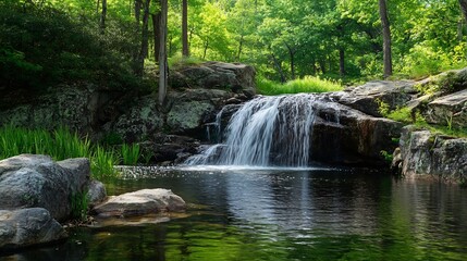 Poster - Stunning Waterfall Flowing into Serene Green Forest Pond with Rocks : Generative AI