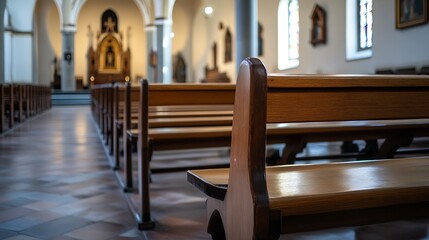 Wall Mural - Wooden Benches Inside Traditional Church Space With Altar In Background : Generative AI