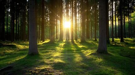 Poster - Golden sunlight shining through tall trees in a serene forest creating a magical scene : Generative AI