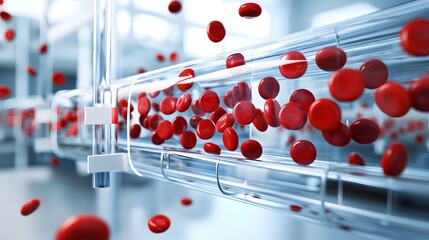 Poster - 3D Rendered of Red Blood Cells Circulating Through a Transparent Intravenous Transfusion System for Medical and Healthcare Applications