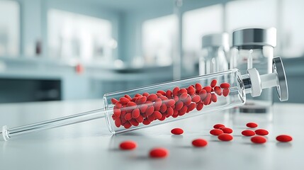 Poster - A 3D rendered of a transparent intravenous transfusion system showcasing the circulation of red blood cells through the tubing  This image represents the delivery of vital fluids medications