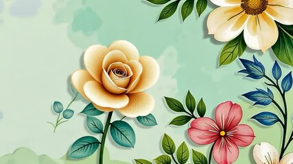 Poster - A green background with a flowery border. The flowers are pink and white. The background is a light green color