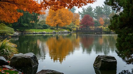 Poster - Serene Autumn Landscape Reflection in Tranquil Pond with Colorful Foliage : Generative AI
