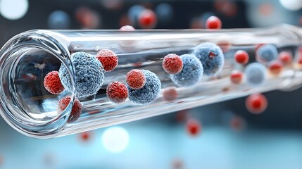 Poster - 3D render depicting cells flowing through a transparent intravenous tube highlighting the transfusion pathway process