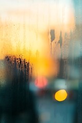 Poster - Blurry condensation on window with sunset light creating a dreamy colorful bokeh : Generative AI