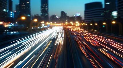 Poster - Dynamic light trails at night captured on busy city road with vibrant colors : Generative AI
