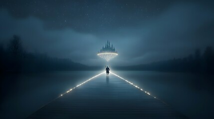 Poster - A brave knight silhouetted against the night sky making a solitary journey across a magical bridge of light leading to a grand floating castle amidst the twinkling stars  This epic