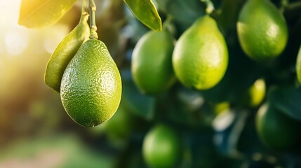 Aufkleber - Close-up of fresh ripe avocados hanging on tree branches in sunlight : Generative AI