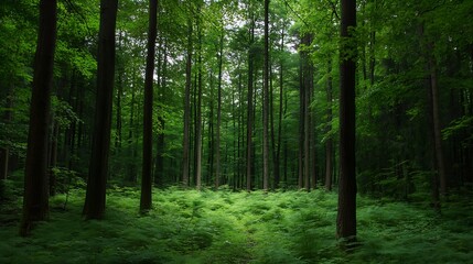 Poster - Lush green forest trail surrounded by towering trees and vibrant ferns in nature : Generative AI