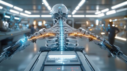 Poster - A close up view of a cyborg s spine revealing the intricate mechanical vertebrae with glowing energy conduits running along the backbone showcasing the fusion of technology and the human body