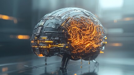 Poster - A detailed digital of a cyborg brain interface with glowing neural circuits merging organic and intelligence