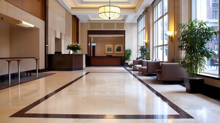Poster - Modern hotel lobby showcasing elegant design with comfortable seating and large windows : Generative AI