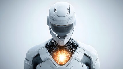 Poster - A futuristic depiction of a cyborg s chest plate opening to reveal a pulsating fusion energy core showcasing advanced technology and innovative design