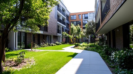 Aufkleber - Contemporary Urban Courtyard with Lush Greenery Between Modern Buildings : Generative AI