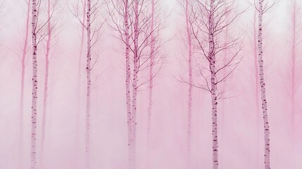 Wall Mural -   Painting of a foggy forest with trees and bench in the foreground